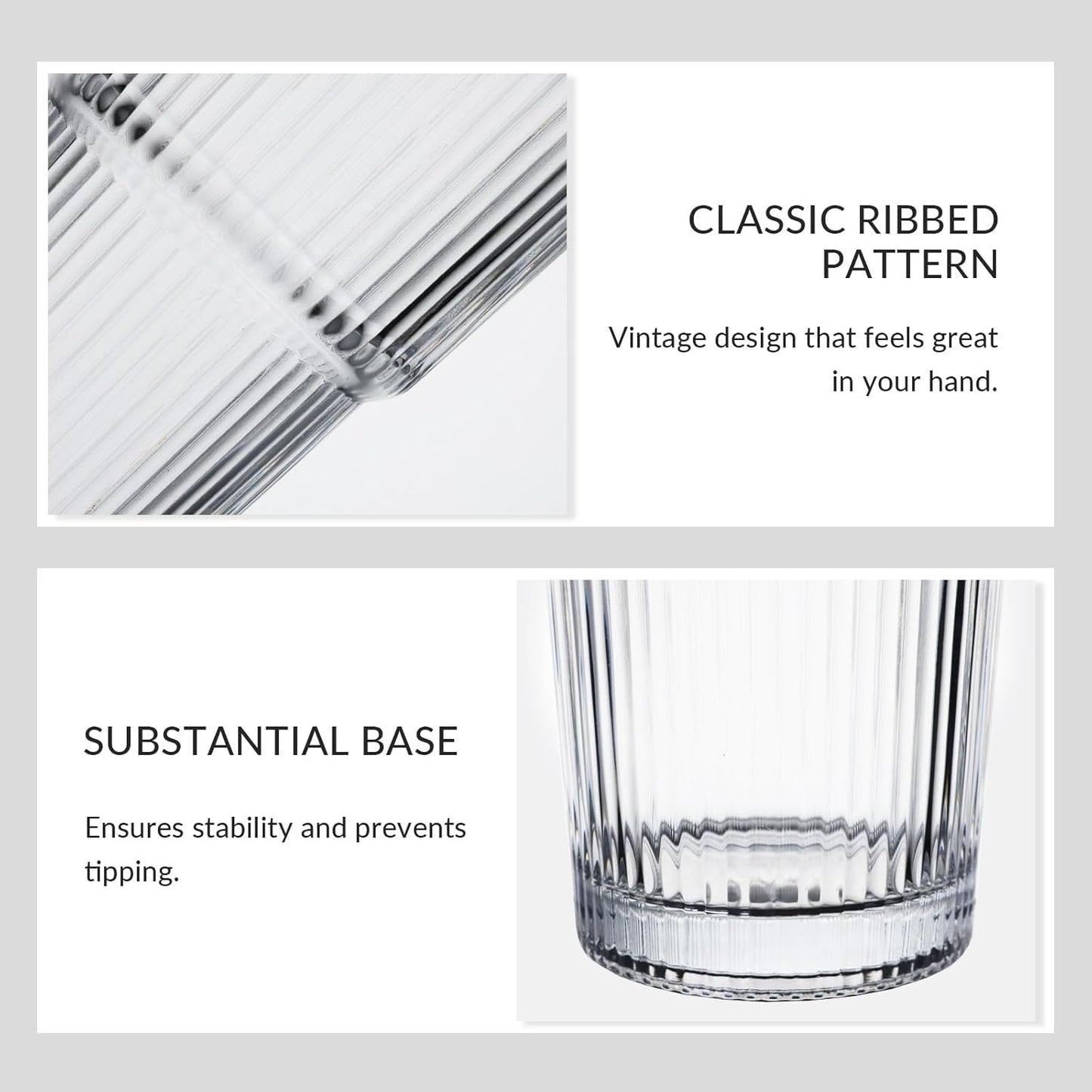 2 Pack 20Oz Glass Cups with Lids and Straws, Vintage Ribbed Glassware for Whiskey Cocktail Beer, Mason Jar Drinking Glasses Tumbler Iced Coffee Cup