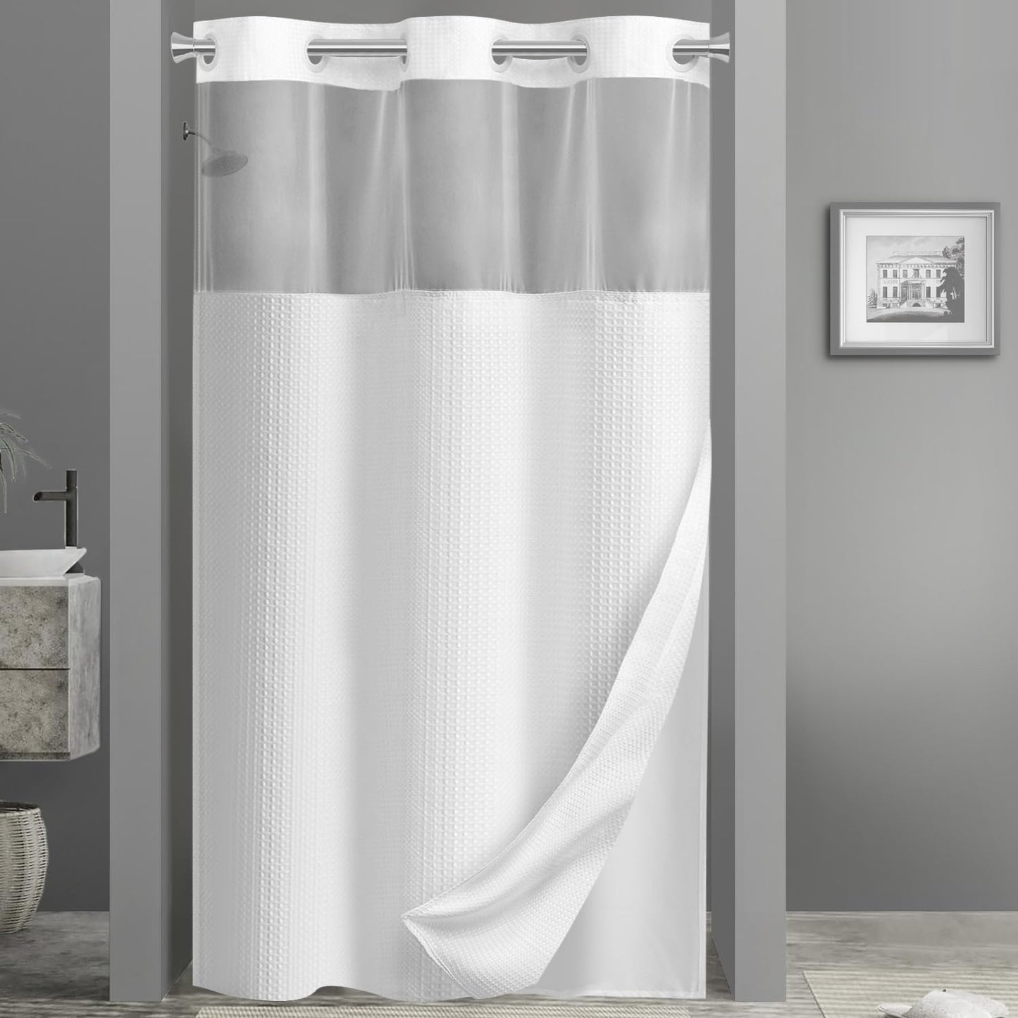No Hook Shower Curtain with Snap in Fabric Liner Set Less Time White Waffle Shower Curtain for Bathroom 75" L X 48" W