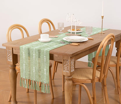 Farmhouse Table Runner 48 Inches Macrame Woven Coffee Table Runner Cotton Rustic Fall Thanksgivingtable Runner with Tassels for Boho Home Decor Dining Living Room 13X48 Inches Sage Green
