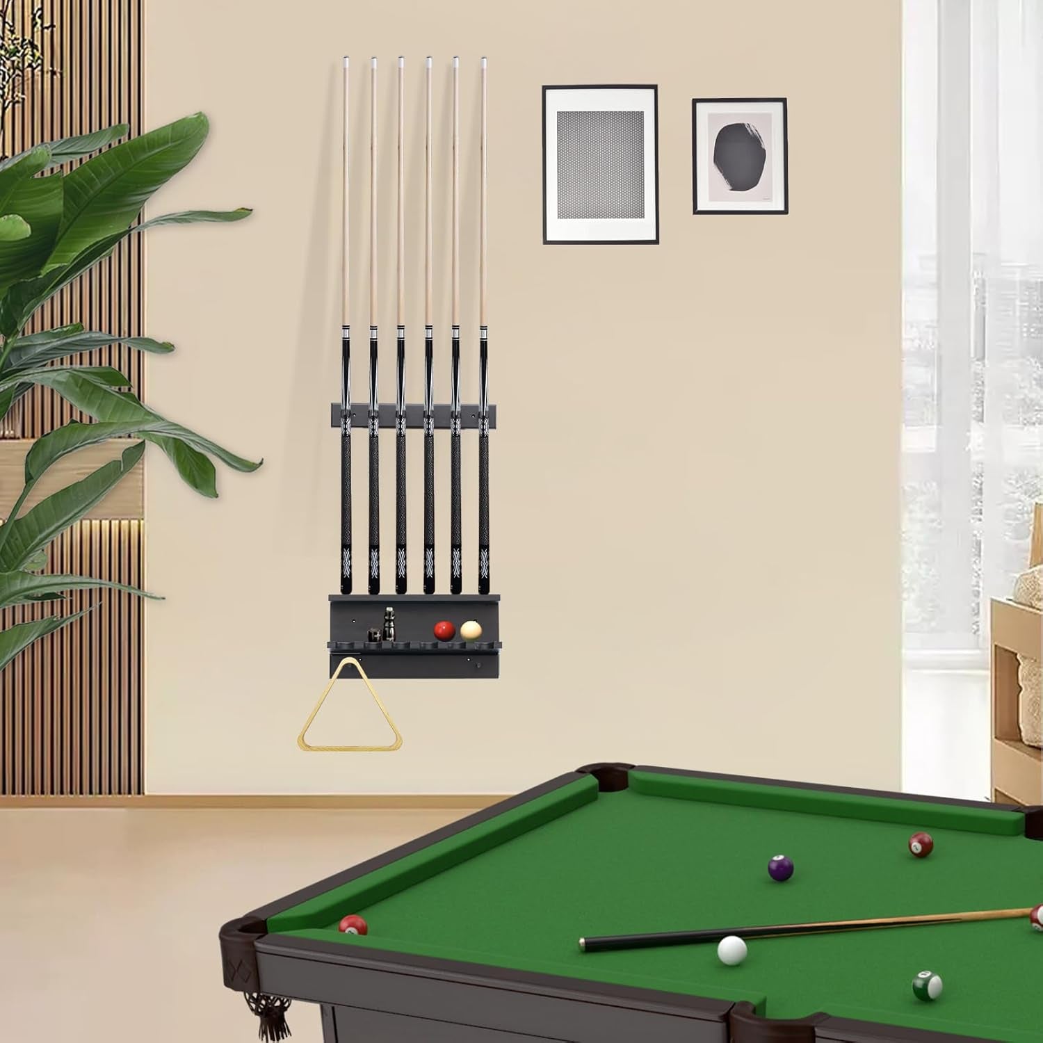 Pool Cue Holder Wall Mounted Pool Stick Holder Pool Table Accessories Pool Cue Rack for 6 Cues Stick Storage Billiards Set Wood