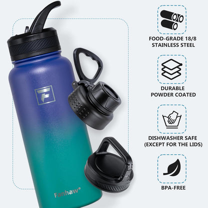 32 Oz Insulated Water Bottle – Portable Stainless Steel Flask with 3 Lids (Straw, Spout, Carabiner) | Leakproof, for Gym, Hiking, Work, Travel & Everyday Use (Purple Green)