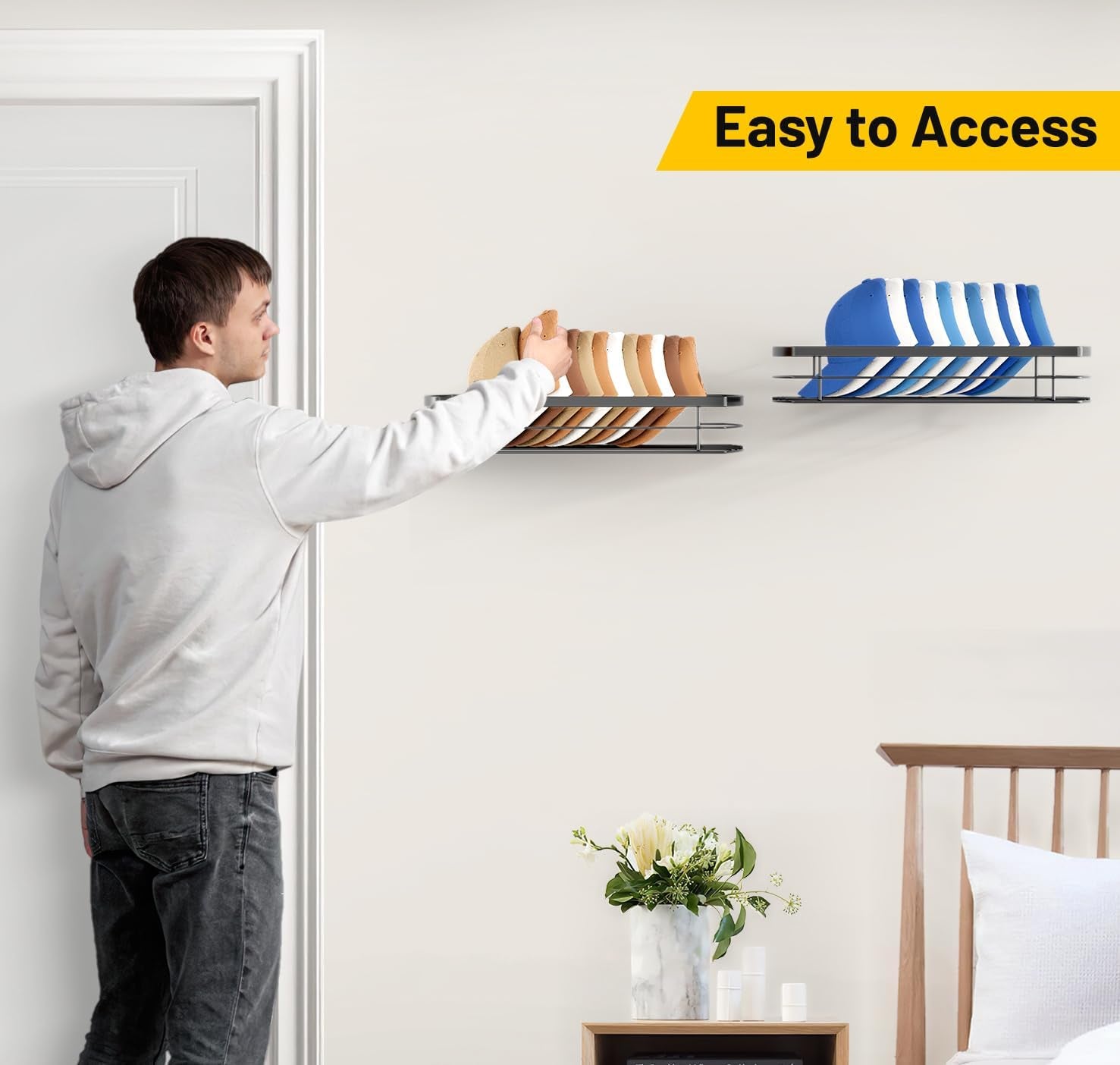 Metal Hat Rack for Wall, Hat Organizer for Baseball Caps Holds 22 Pcs Wall Mounted Snapback Storage Organizer Fits All Caps Shelves Holder Display, 2 Packs, Black