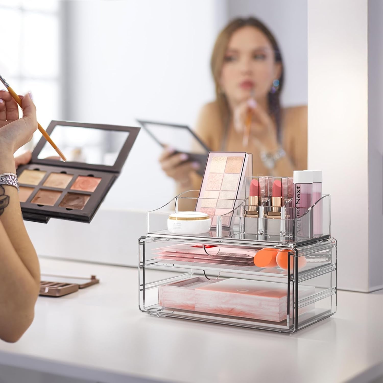 3-Tier Clear Makeup Organizer with Drawer, Acrylic Cosmetic Display Case for Makeup Vanity Bathroom Counter Organizers and Storage, Stackable Vanity Organizer for Brushes Lipsticks Skincare