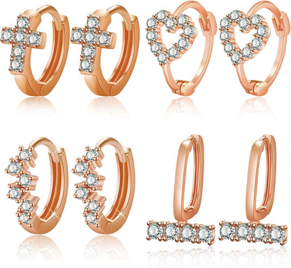 4Pairs Stud Hoop Earrings Set for Women Dainty Gold Earrings 14K Gold Plated Hypoallergenic Lightweight Huggie Hoops Earrings Cubic Zirconia Earrings for Women