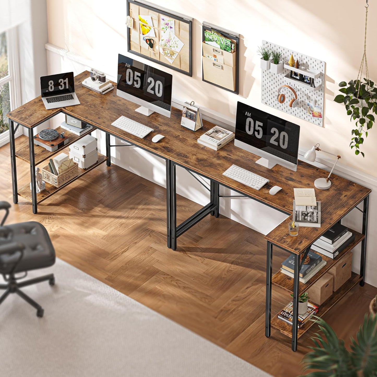 47-Inch L-Shaped Computer Desk with Reversible Storage Shelves for Home Office, Gaming, and Study, Metal Frame in Rustic Brown Finish