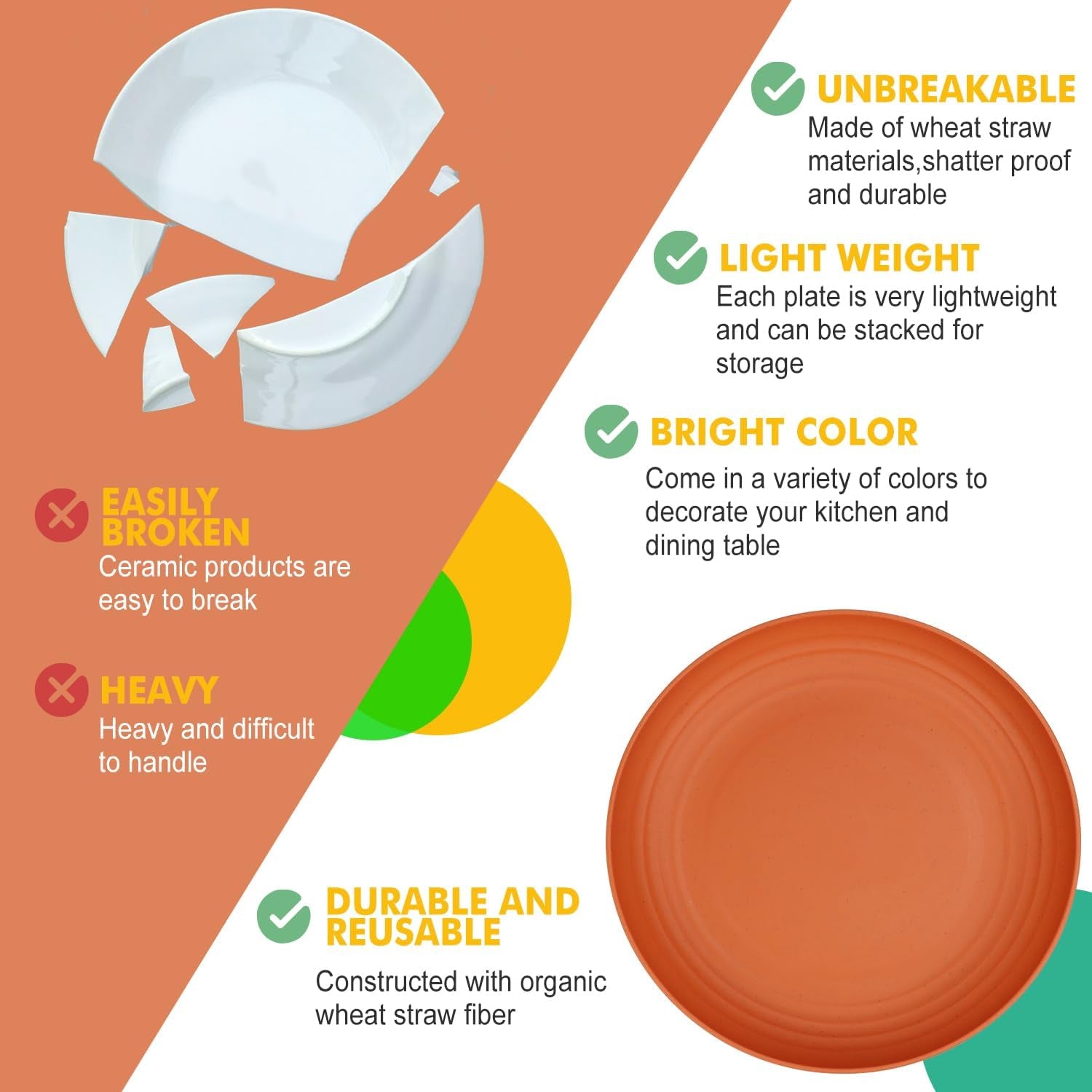 Set of 8 Deep Wheat Straw Dinner Plates - Unbreakable, Microwave and Dishwasher Safe, 9 Inch, Available in 4 Classic Bright Colors