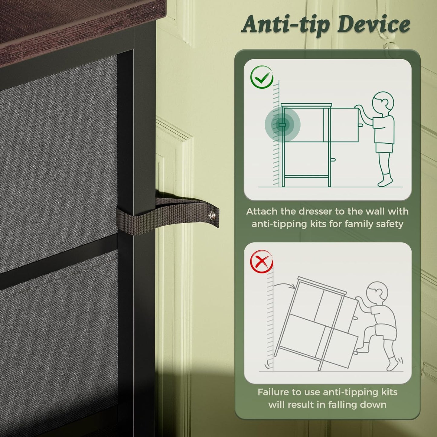 7-Drawer Fabric Dresser and TV Stand, 47-Inch Wide Chest for 43-55 Inch TVs, Metal Frame, Dark Grey, Ideal for Bedroom and Clothing Storage