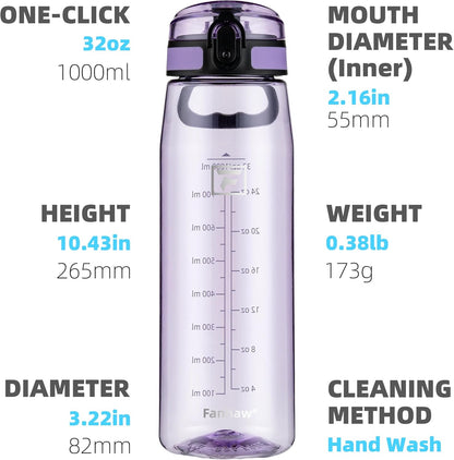 32 Oz Tritan Water Bottle with Chug Lid - Clear, Bpa-Free, Lightweight, Wide Mouth, Leak-Proof, Perfect for Gym, Travel, School, Office, and Sports (Amethyst)