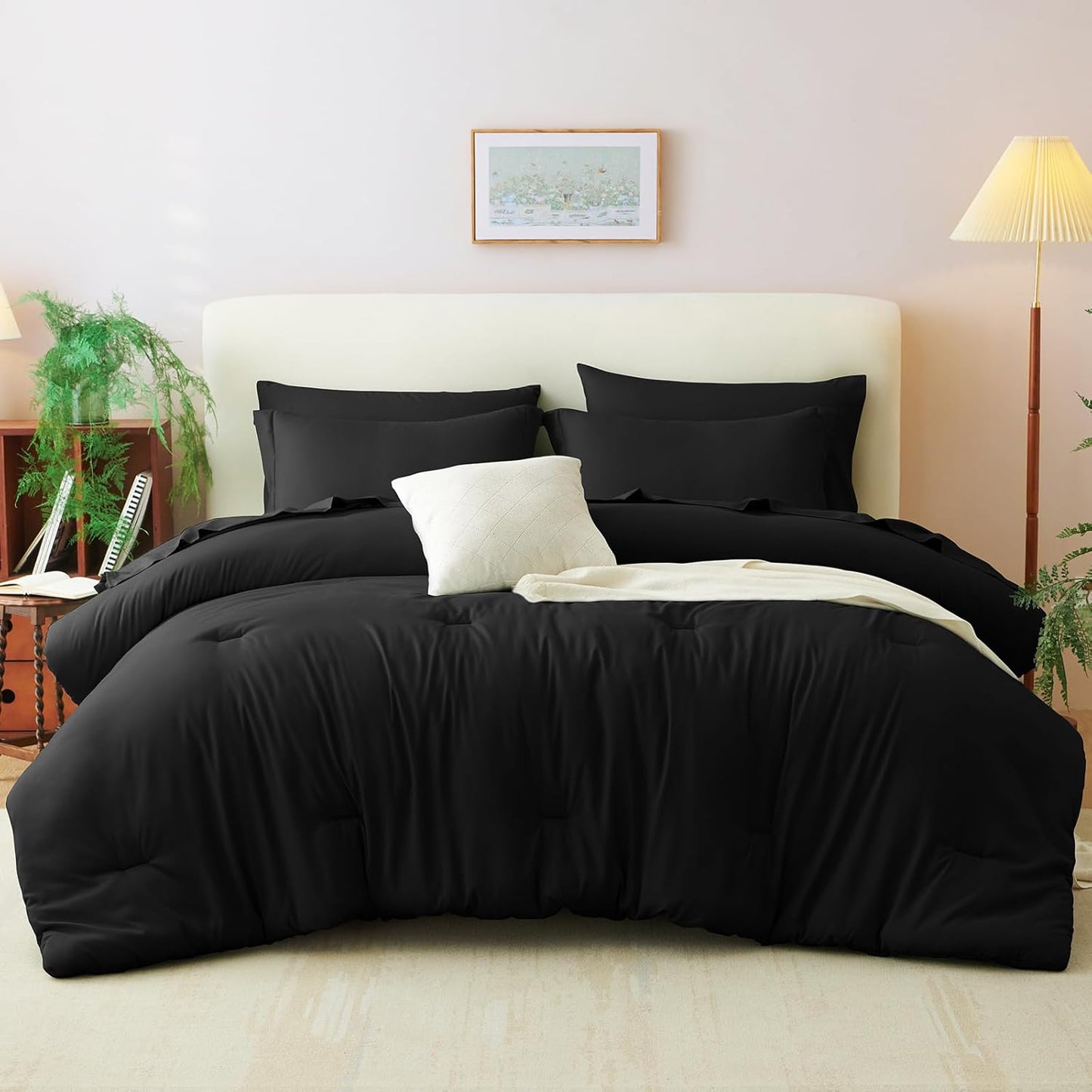 Queen Comforter Set Black, 7 Pieces Bed in a Bag Soft Bedding Comforter Set with Sheets, All Season Boho 7PC Bed Sets with Comforter, Fitted Sheets, Flat Sheets, Pillow Shams and Pillowcases