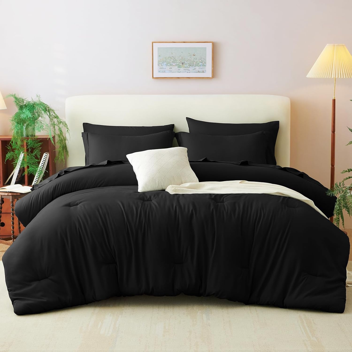 Queen Comforter Set Black, 7 Pieces Bed in a Bag Soft Bedding Comforter Set with Sheets, All Season Boho 7PC Bed Sets with Comforter, Fitted Sheets, Flat Sheets, Pillow Shams and Pillowcases