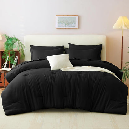 Queen Comforter Set Black, 7 Pieces Bed in a Bag Soft Bedding Comforter Set with Sheets, All Season Boho 7PC Bed Sets with Comforter, Fitted Sheets, Flat Sheets, Pillow Shams and Pillowcases