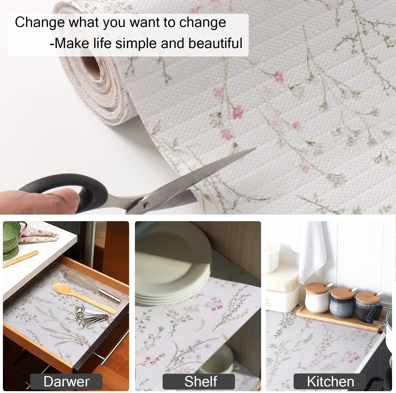 Floral Drawer and Shelf Liner for Cabinets, Non-Adhesive and Strong Non-Slip Flower Shelf Cabinet Drawer Liners for Kitchen,Table,Bookshelves,Waterproof Cupboard Liners,12In X 10FT