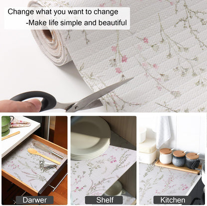 Floral Drawer and Shelf Liner for Cabinets, Non-Adhesive and Strong Non-Slip Flower Shelf Cabinet Drawer Liners for Kitchen,Table,Bookshelves,Waterproof Cupboard Liners,12In X 10FT
