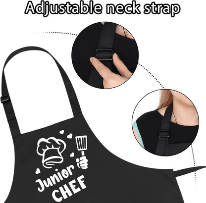 Kids Apron and Chef Hat Set, Funny Apron (Junior CHEF) Adjustable Child Apron with 2 Pockets Waterproof Chef in Training Gifts for Boys and Girls 64 X 45 Cm