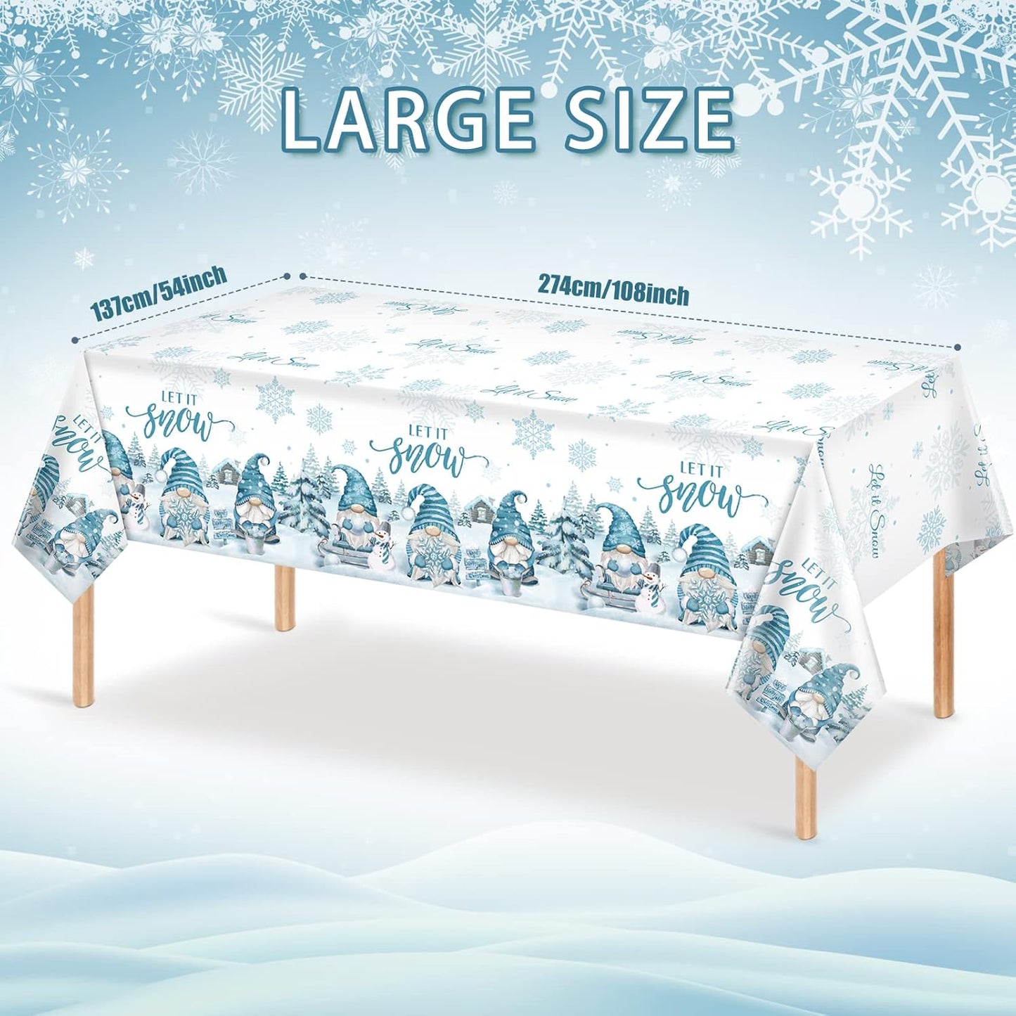 1 Pcs Christmas Winter Gnome Tablecloth, Plastic Disposable Christmas Let It Snow Snowflake Xmas Tree Ice Blue Table Cover for Xmas Winter Holiday Themed Party Decorations and Supplies, 54 X 108 Inch