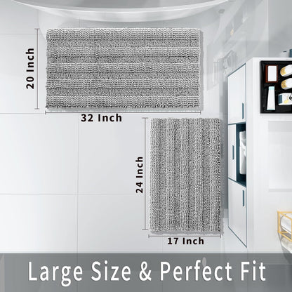 Washable Bathroom Rugs Sets 2 Piece, Non Slip Quick Dry Absorbent Bath Mat Set, Plush Chenille Luxury Shower Rugs for Bathroom Floor Sink Tub and Shower Outside(Gray, 20" X 32"+17" X 24")