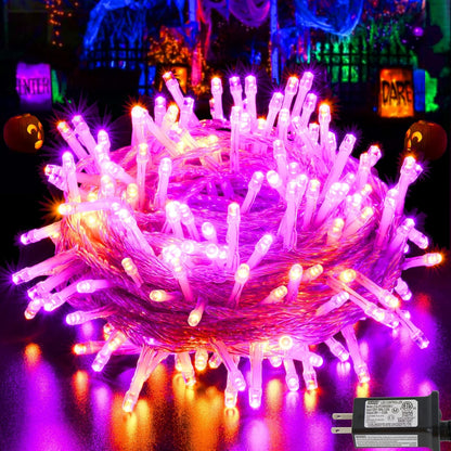 Halloween Lights, 66 Ft 200 LED Indoor Outdoor Halloween String Lights Plug In, Connectable 8 Modes Clear Wire Twinkle Fairy String Lights for Xmas Tree Decoration Clear Wire, Orange and Purple