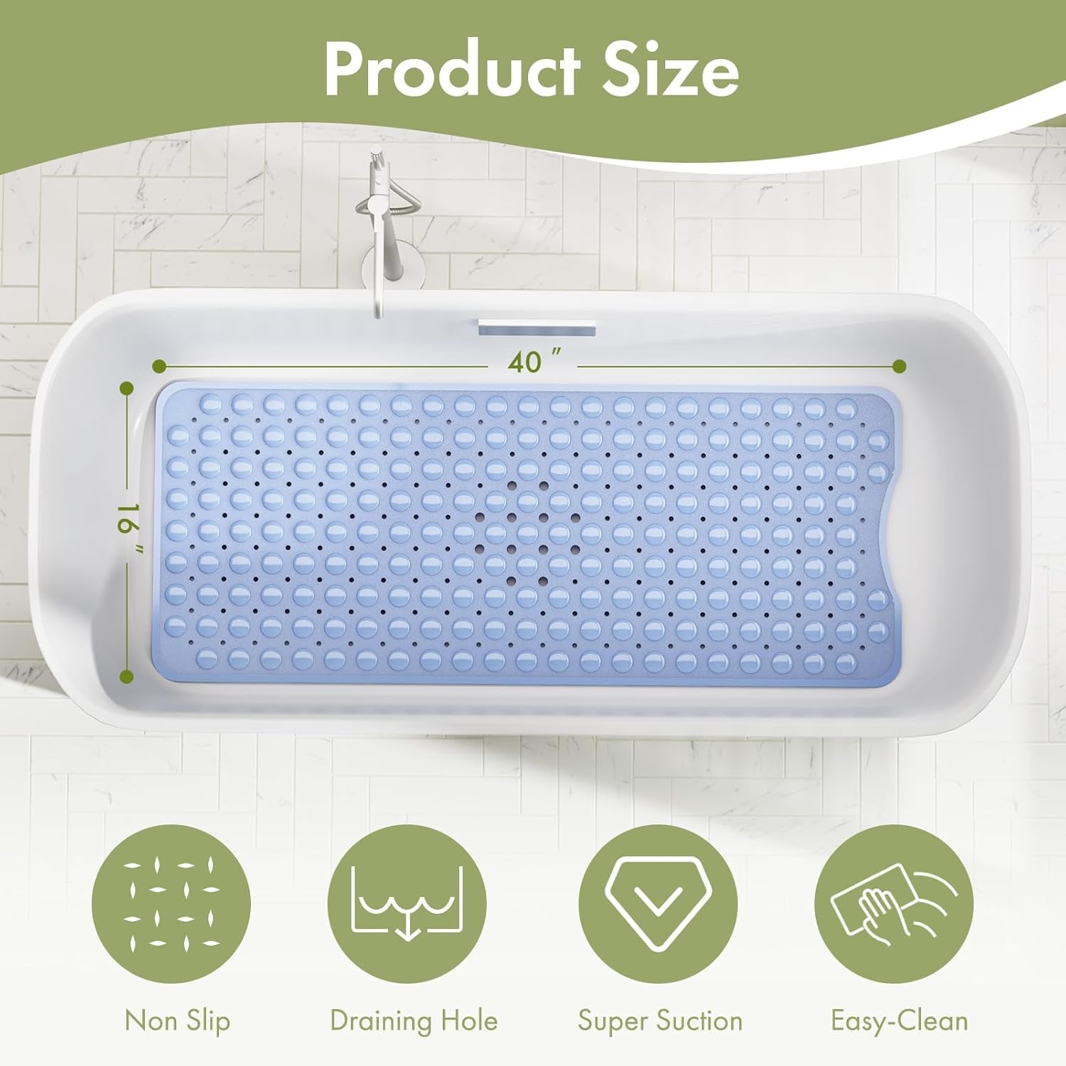 Shower Mat Non Slip 40 X 16 Inches, Shower Stall Mats with Suction Cups and Drain Holes, Non Slip Bath Mat for Tub for Elderly & Kids, Baby Blue