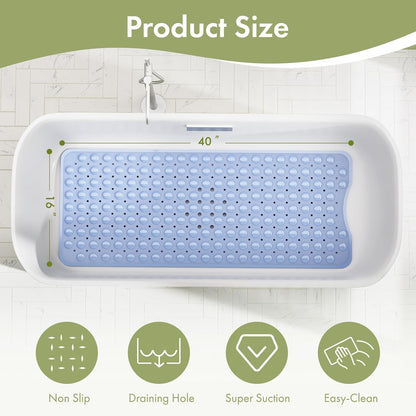 Shower Mat Non Slip 40 X 16 Inches, Shower Stall Mats with Suction Cups and Drain Holes, Non Slip Bath Mat for Tub for Elderly & Kids, Baby Blue
