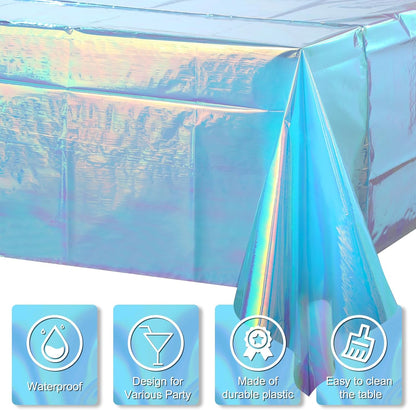 3 Pack Iridescent Blue Plastic Tablecloth,Shiny Blue Disposable Laser Rectangle Table Covers,Blue Holographic Foil Tablecloth Party Decorations for Birthday,40X108''