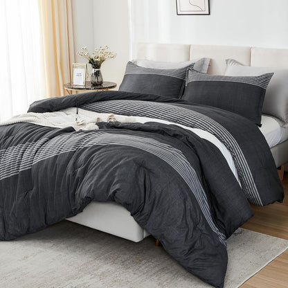 Full Size Comforter Sets Black White Grey - 3 Pieces Lightweight Bedding Set, All Season down Alternative Comforter (1 Comforter, 2 Pillowcases)