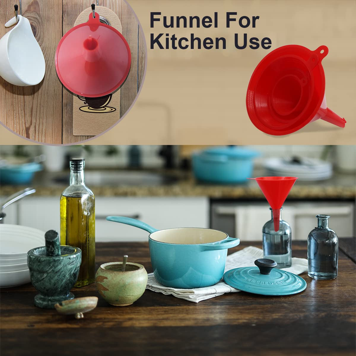 4-Piece Versatile Plastic Funnel Set for Kitchen and Automotive Use - Includes Mini, Small, Medium, and Large Funnels for Bottling, Canning, Cooking, Laboratory, and Oil Applications (Red)