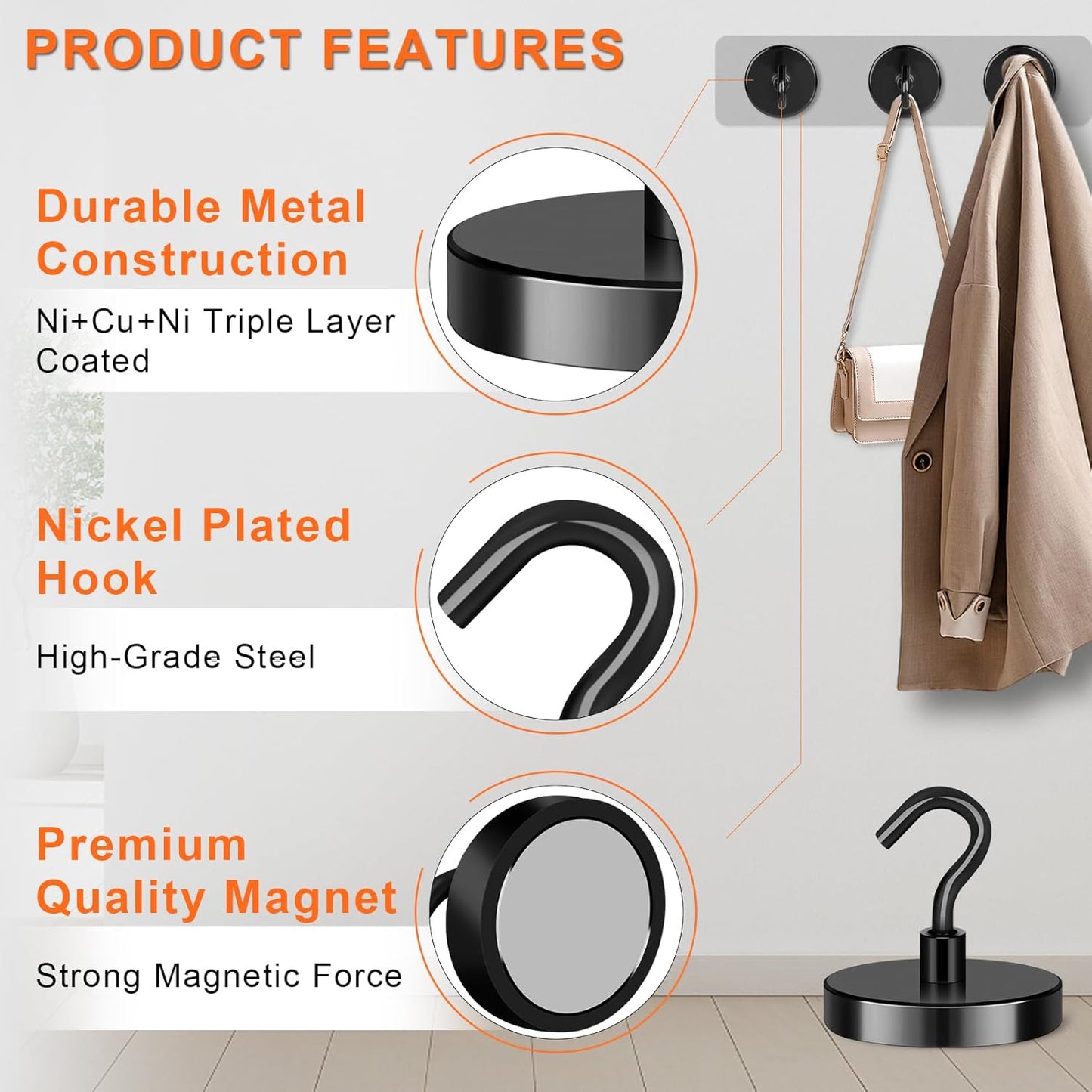 Heavy-Duty Magnetic Hooks, 130 lbs Capacity - Pack of 4, Ideal for Cruise Cabins, Refrigerators, Home, Office, and Grilling (Black)