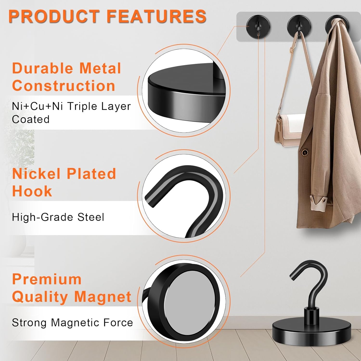 Heavy-Duty Magnetic Hooks, 130 lbs Capacity - Pack of 4, Ideal for Cruise Cabins, Refrigerators, Home, Office, and Grilling (Black)