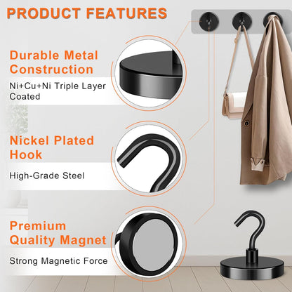 Heavy-Duty Magnetic Hooks, 130 lbs Capacity - Pack of 4, Ideal for Cruise Cabins, Refrigerators, Home, Office, and Grilling (Black)