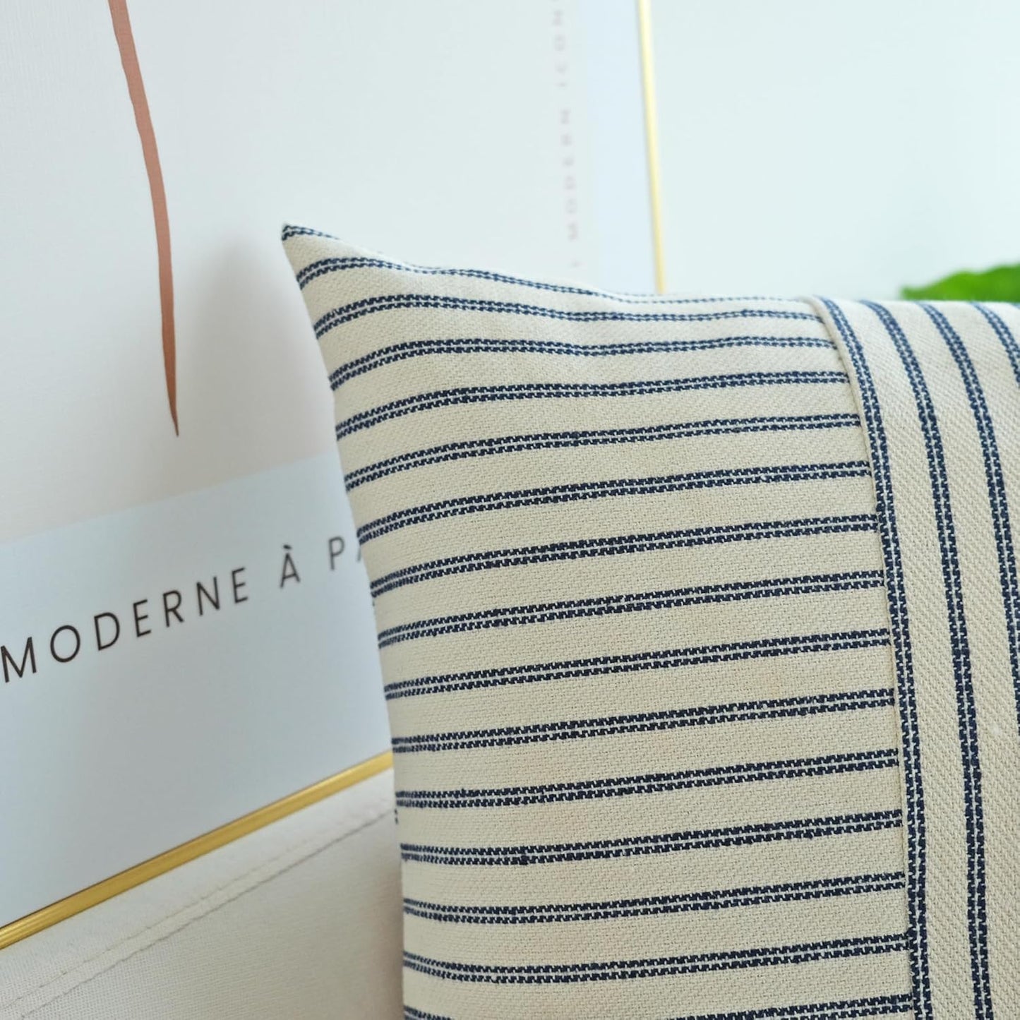 Navy Blue and Beige Patchwork Farmhouse Pillow Covers 20X20 Inch, Pack of 2 Striped Linen Decorative Modern Accent Pillow Cases for Sofa Couch Bedroom 20 X 20