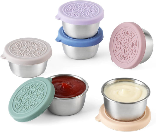 [6 Pack] Salad Dressing Container to Go, 1.6 Oz Small Condiment Containers with Lids, Reusable Stainless Steel Sauce Cups , Leakproof Silicone Lids for Lunch Bento Box, Picnic and Travel
