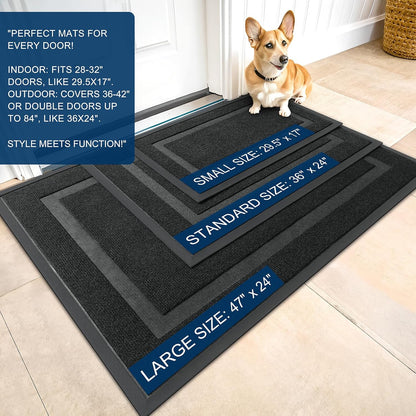 Door Mat 2 Piece Set, Front Door Mat Indoor Outdoor Entrance Size 29.5X17 in Black and Geometric Door Mat Size 32X20 in Black