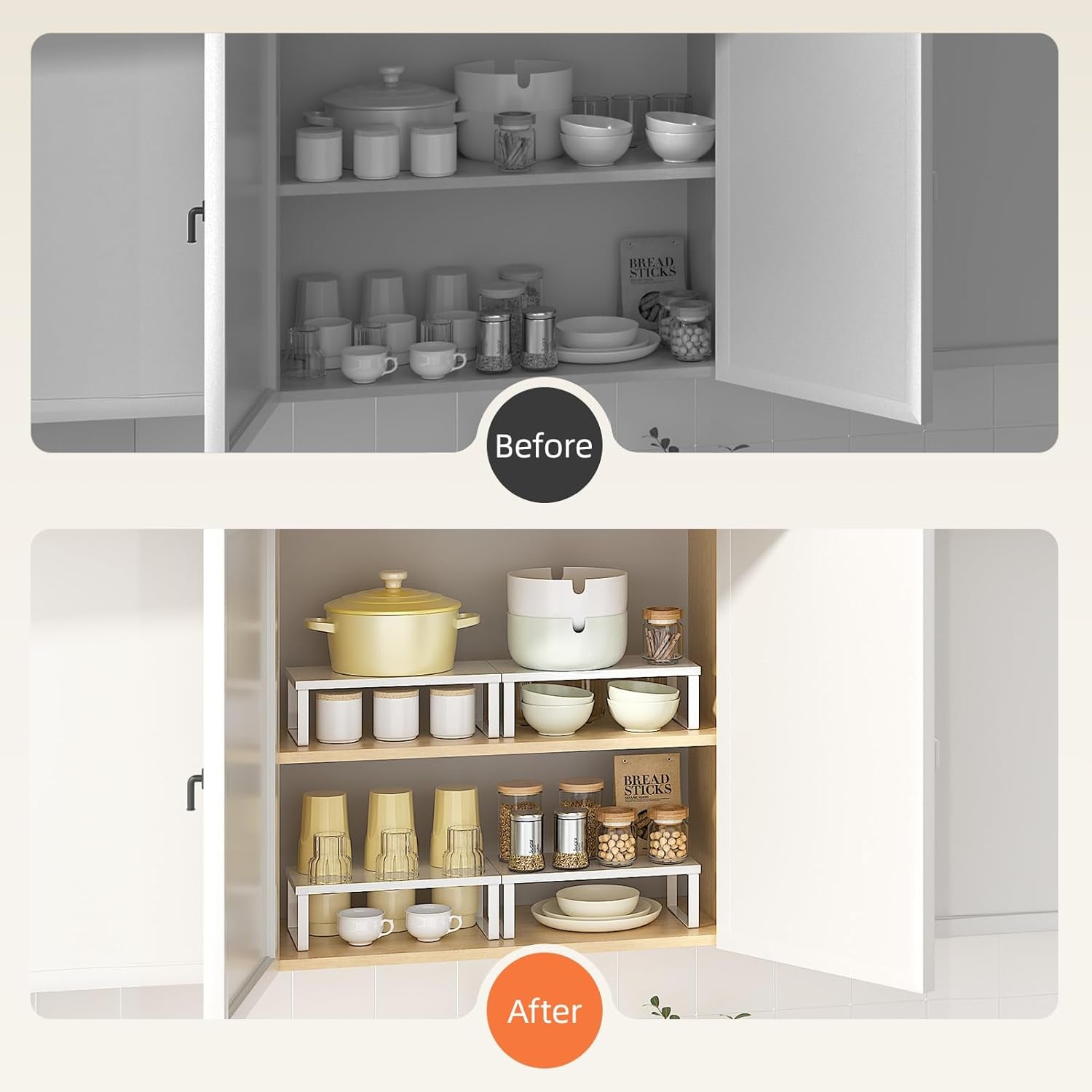 Cabinet Organizer Shelf, Set of 2 Stackable Wooden Spice Racks for Kitchen Counter, Pantry Storage, or Office – Space-Saving Shelves, Side-By-Side & Vertical, White