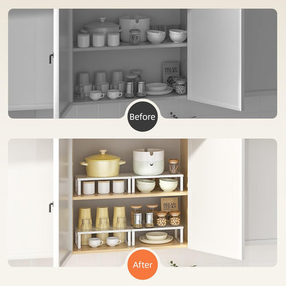 Cabinet Organizer Shelf, Set of 2 Stackable Wooden Spice Racks for Kitchen Counter, Pantry Storage, or Office – Space-Saving Shelves, Side-By-Side & Vertical, White