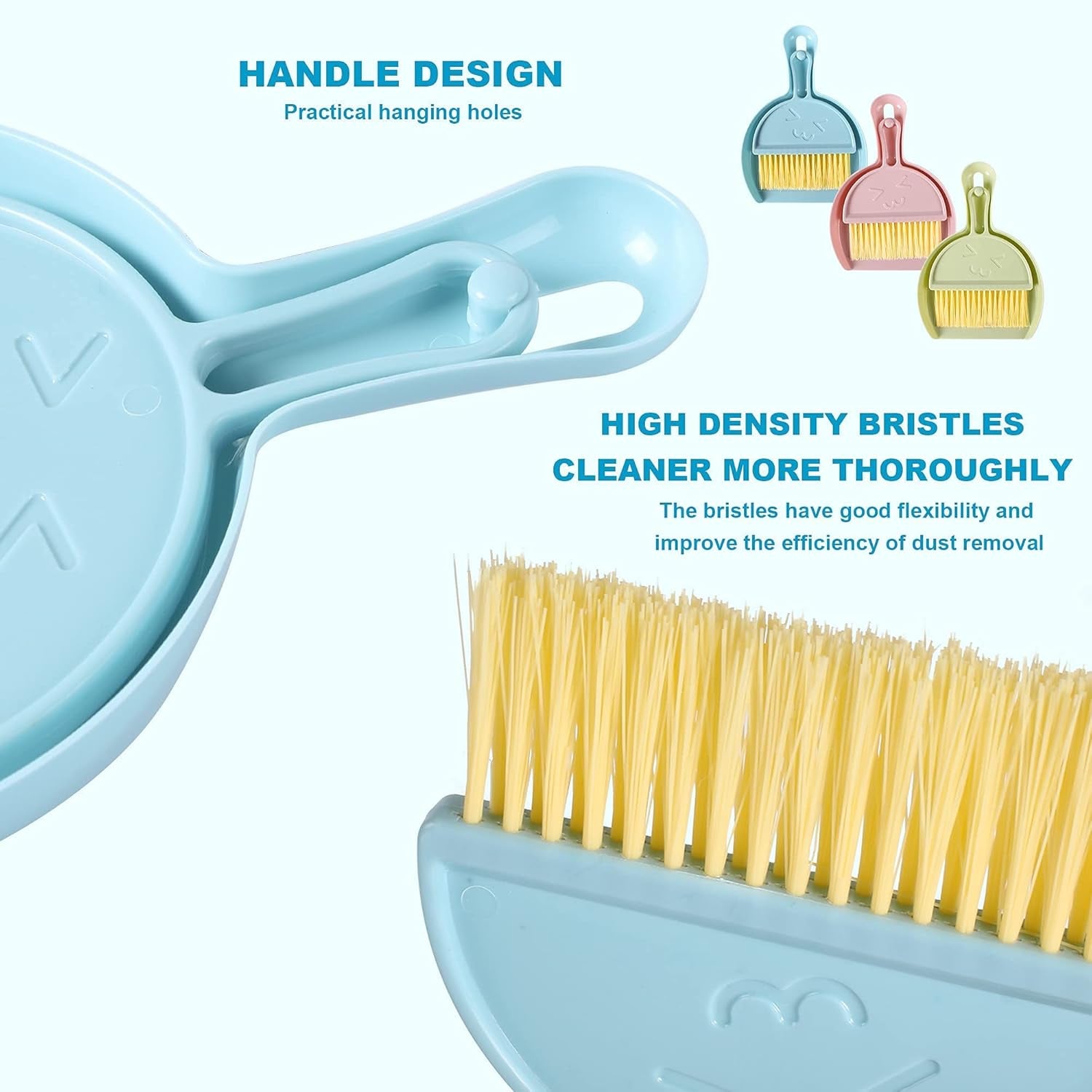 3PCS Mini Broom and Dustpan Set for Home, Car, Kitchen, Table, Kids - Durable Plastic Bristles, Handheld, Hangable, 3 Colors