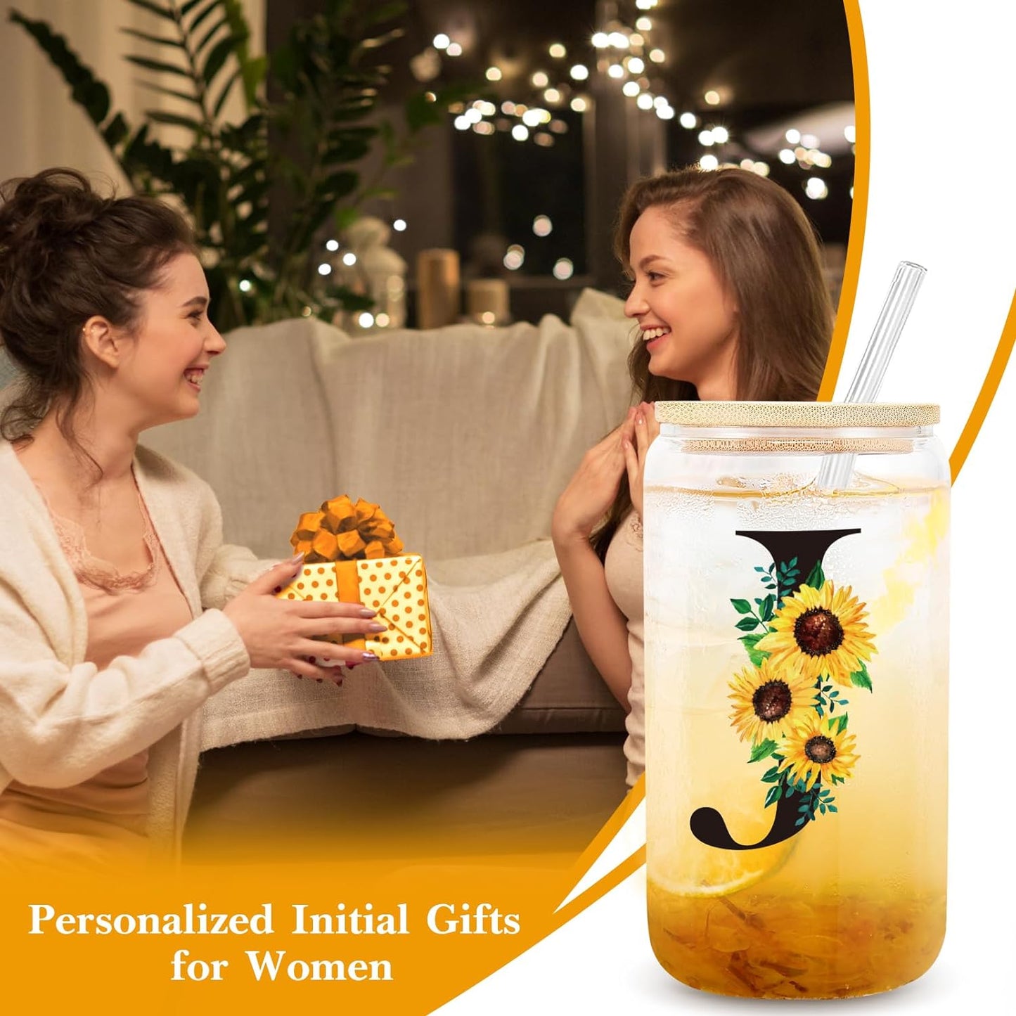 Birthday Gifts for Women, Initial Glass Cups W Lids and Straws, Sunflower Gifts for Women, Personalized Gifts, 16Oz Glass Tumbler Cups W/Straw Lid, Monogrammed Gifts, Birthday Gifts for Her Mom - J