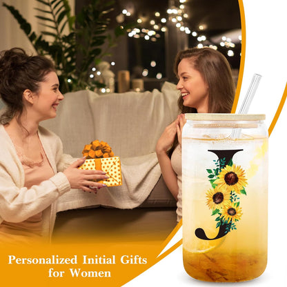 Birthday Gifts for Women, Initial Glass Cups W Lids and Straws, Sunflower Gifts for Women, Personalized Gifts, 16Oz Glass Tumbler Cups W/Straw Lid, Monogrammed Gifts, Birthday Gifts for Her Mom - J