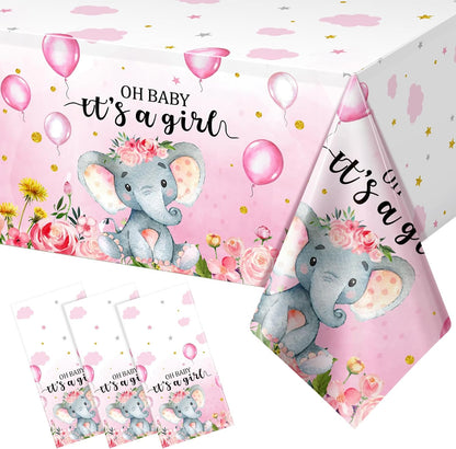 3 Pack Elephant Baby Shower Decorations - Plastic Tablecloth Table Cover Backdrop for Boy Girl Gender Party Supplies, 54 X 108 Inch, Pink