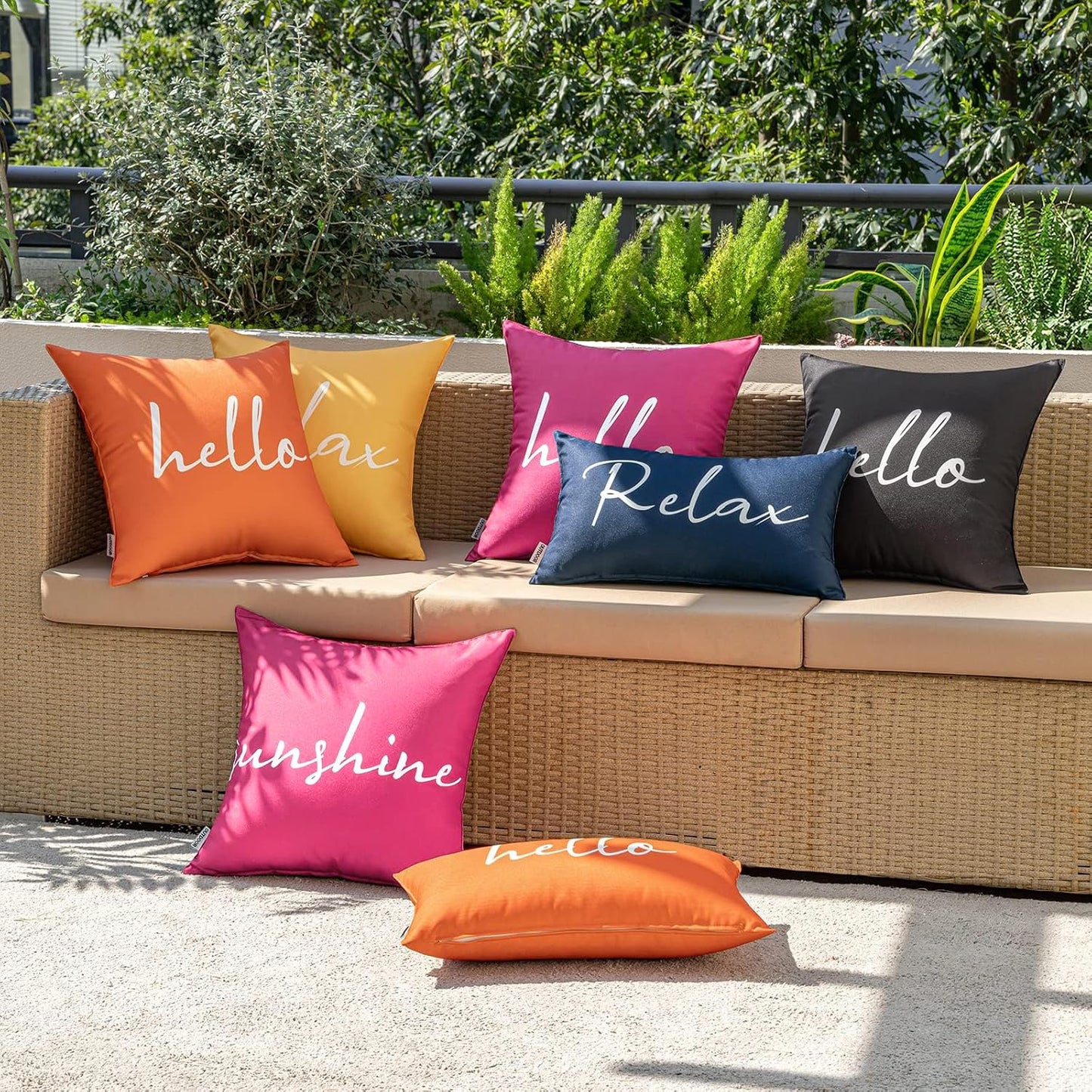 Outdoor Waterproof Throw Pillow Covers Set of 2 Hello Sunshine Decorative Outdoor Square Pillowcases for Chair Patio Garden Couch Tent Balcony Sofa Hot Pink 20X20 Inch