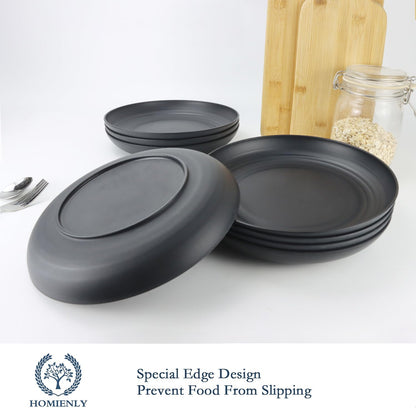 Set of 12 Deep Dinner Plates - Eco-Friendly Wheat Straw, Microwave & Dishwasher Safe, Unbreakable Design for Children (Black, 10 Inch)
