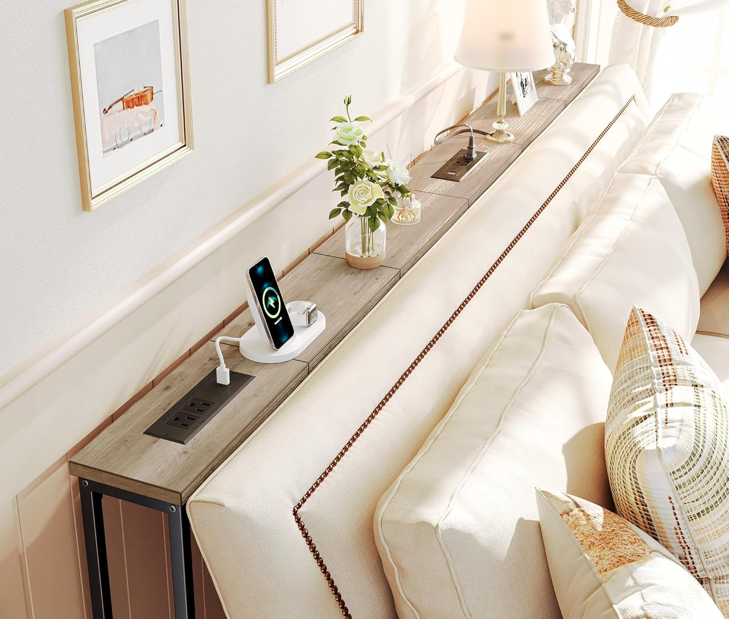 78.8-Inch Narrow Console Table Set of 2 with Charging Station, Oak Finish, Ideal for Living Room and Entryway