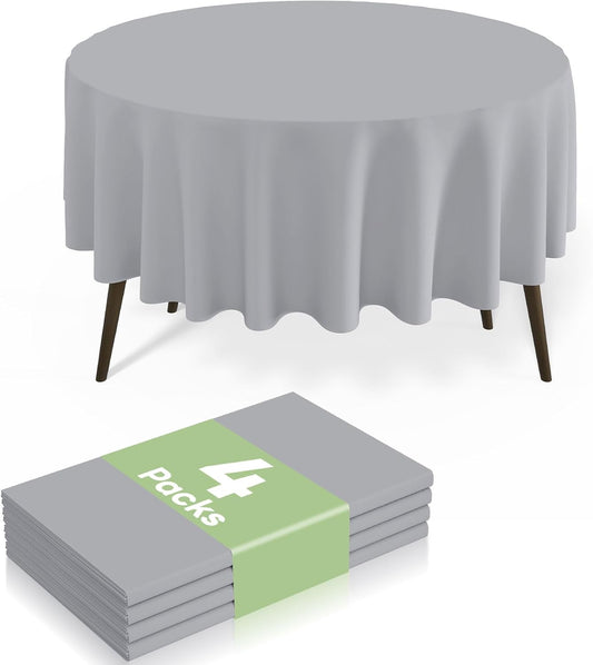 4 Packs Disposable Plastic Table Cloth, 84" round Waterproof Tablecloth, Leakproof & Sturdy Decorative Table Covers for Picnic, Party and Outdoor, Grey