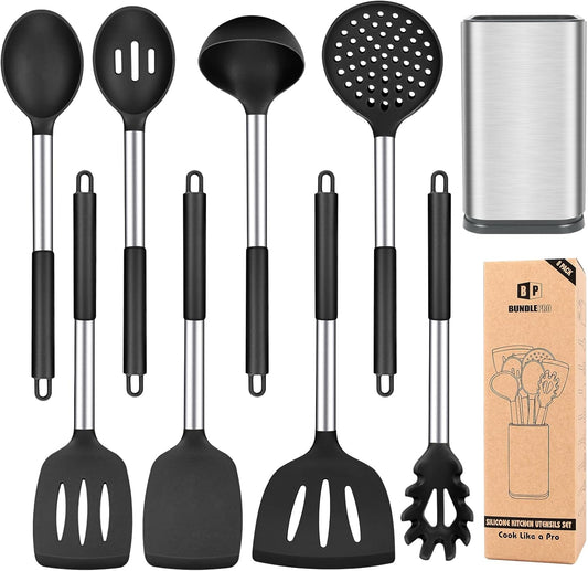 Silicone Cooking Utensil Set, 8Pcs Non-Stick Cookware with Stainless Steel Handle, BPA Free Heat Resistant Kitchen Tools with Spatulas, Turners, Spoons, Skimmer and Pasta Fork