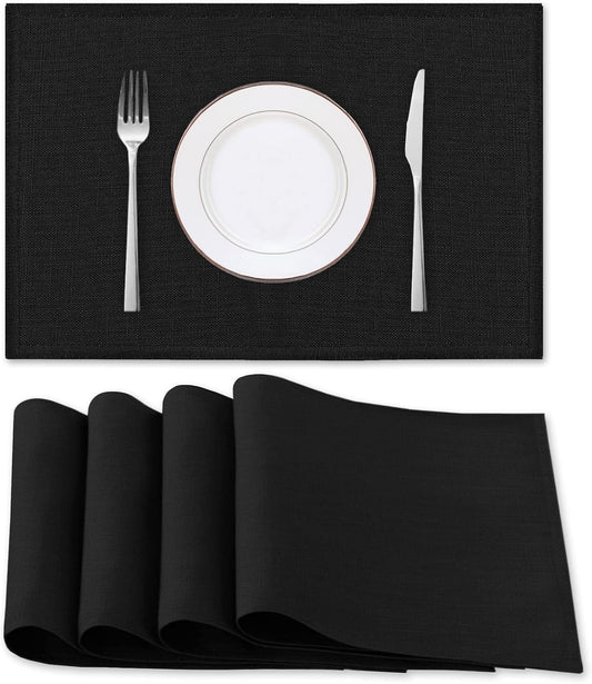 Linen Placemats Set of 4 Premium Solid Table Placemats for Dining Table Spill-Proof Waterproof Table Mats Heat-Resistant Kitchen Table Mats Washable, 12X18 Inches, Black