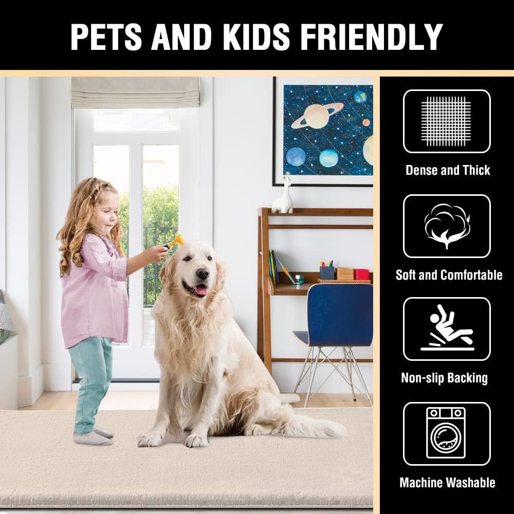 Area Rug Super Soft Faux Fur Rugs 2X3 Feet Modern Unisex Beige Tufted Solid High Pile Machine Made Faux Fur Area Rug for Nursery Room, Living Room, Home Office