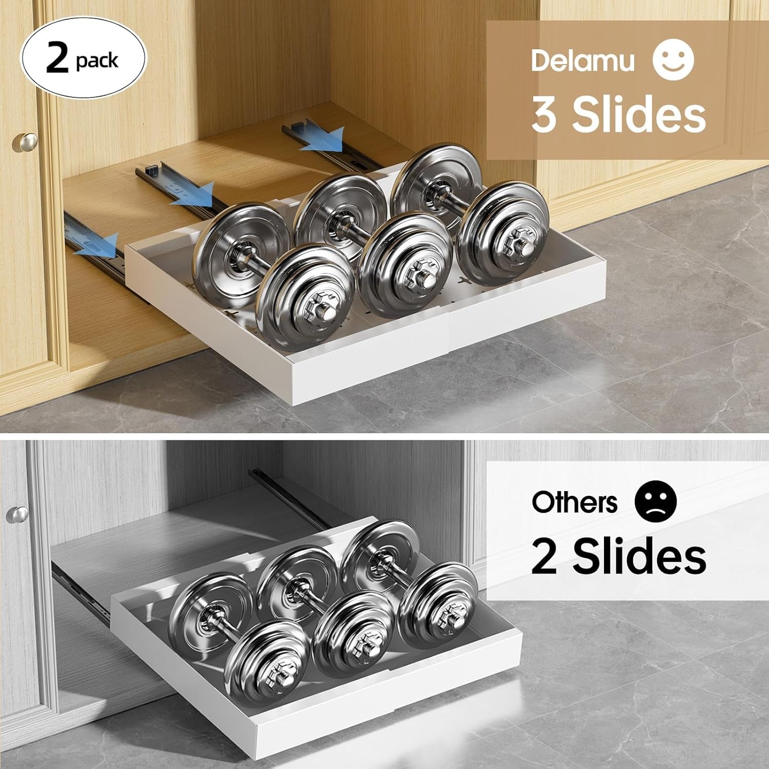 2 Pack 16" Deep Pull Out Cabinet Organizer with 6 Dividers, Expandable (11.7" -20" W) Pull Out Drawers for Cabinets, Cabinet Trays Pull Out for Cabinets in Kitchen, Pantry or Bathroom