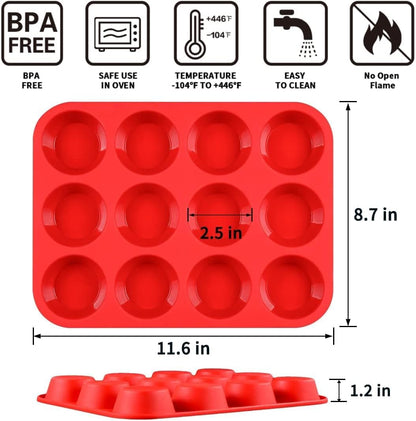 Silicone Muffin Pan, 12-Cup Cupcake Pan for Baking Muffin, Cake, Fat Bomb, 2-Pack Nonstick