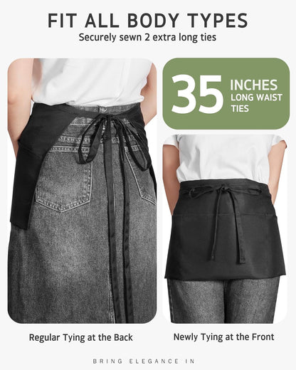 12 Pack Server Aprons with 3 Pockets, Water Resistant Waitress Waist Apron for Women Men, Server Apron with Large Pockets for Waitress Book, Phone & Cutleries, 11.5-Inch Black