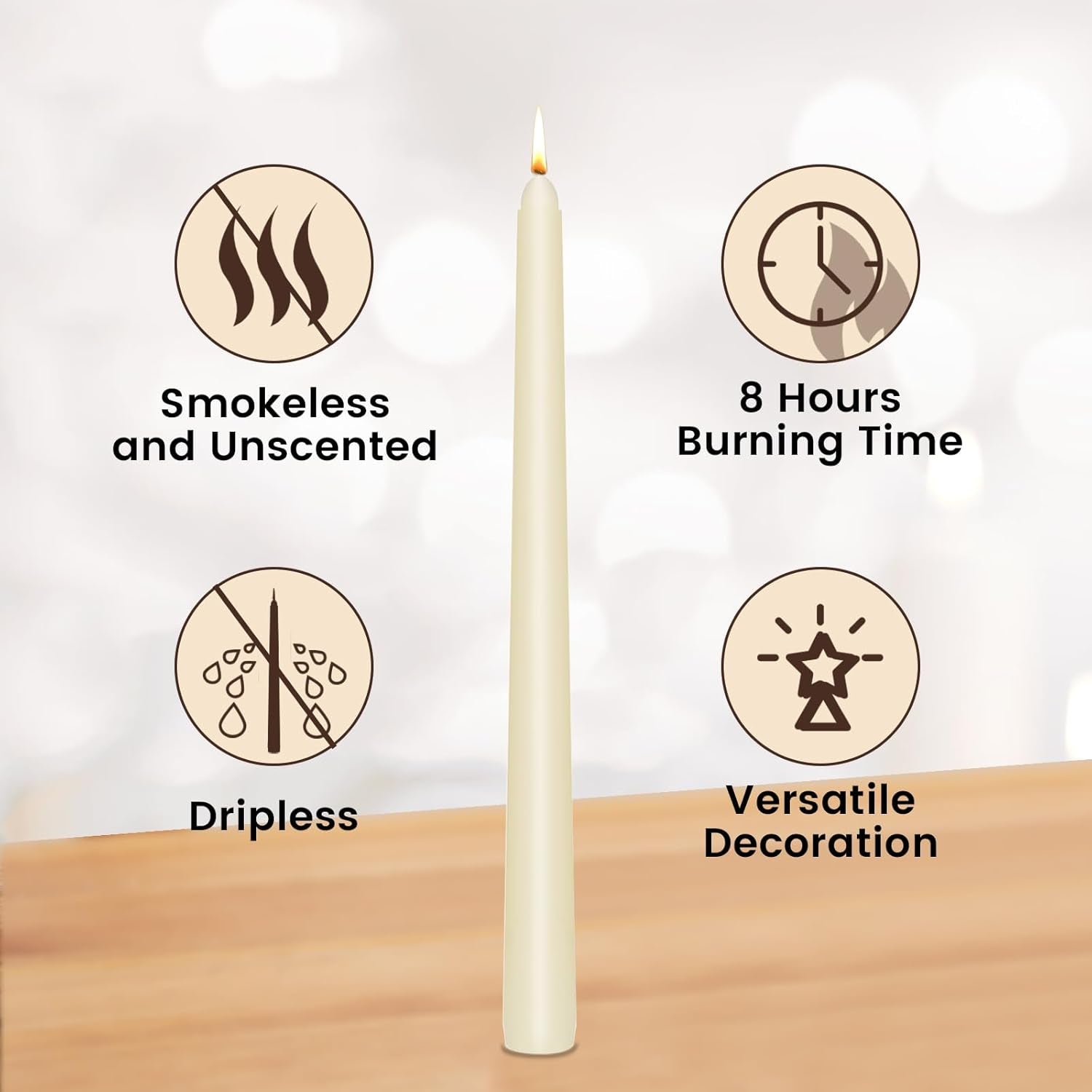 Ivory Taper Candles 10 Inch - Set of 6 Long Candles, 8 Hours Long Burning, Smokeless & Unscented & Dripless, for Weddings, Birthdays, Dinner Parties, Rituals, Prayer, Birthdays, Meditation