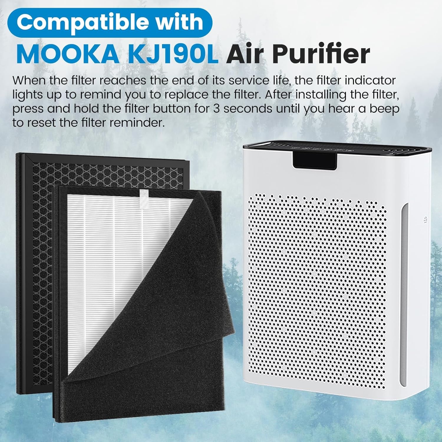 2 Pack KJ190L Filter Replacement Compatible with MOOKA KJ190L Air Purifier for Home Large Room 2000 Ft², 2 HEPA Filters and 4 Washable Prefilters Pet Air Purifier Filters for Bedroom